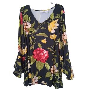Susan Graver Womens 3X‎  Floral Bell Sleeve Tunic Top Fairy Whimsigoth Hippie